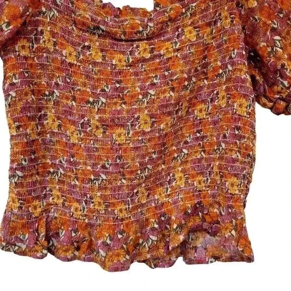 SO Junior Women's Red/Orange Floral Rayon Smocked Summer Square Neck Puff Sleeve - Picture 4 of 9